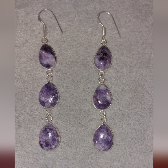 Triple Stone Lepidolite Drop Earrings - Picture 1 of 6